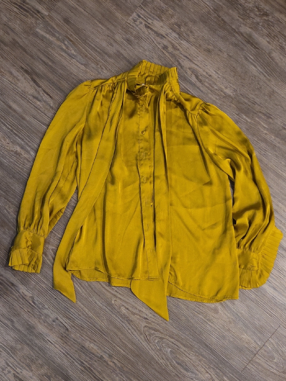 Women's Tie-Neck Mustard Blouse with Pleated Cuffs